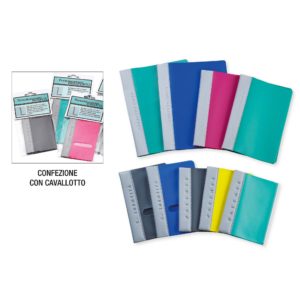 Porta documenti in assorted plastic colors—blue, pink, gray, and teal—with a white spine. Inset shows a close-up of the package highlighting the gray Porta documenti.