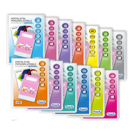 Customizable Display Books arranged in a fan pattern, labeled with capacities from 6 to 240 sheets, available in various colors and sizes.