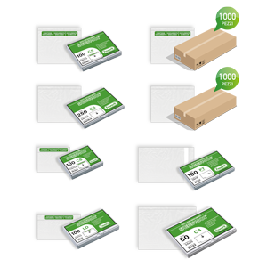 A grid shows packs of green and white labels, each displaying size and quantity, with larger boxes labeled "1000 pezzi." Some packs feature Speedy Doc Adhesive Mailing Envelopes for added convenience.
