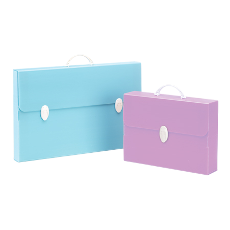 Two Every Line Pastel document cases, in light blue and light purple with white handles and clasps, stand upright against a plain white background.