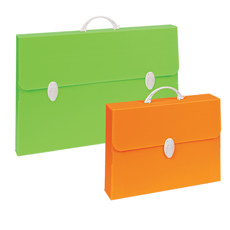 Two upright Every Line Fluo plastic briefcases, one green and one orange, with white handles and clasps, displayed on a plain white background.