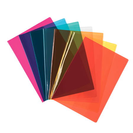 Seven colorful translucent folders made from C28 PVC Smooth Crystal 140 &micro;m are fanned out on a white background, displaying shades of pink, blue, green, yellow, orange, and red.