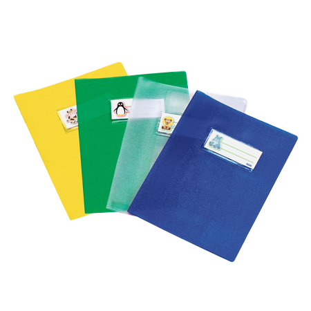 Four C6E A5 PVC Silk 250 &micro;m folders in yellow, green, clear, and blue with a rectangular label and cartoon character sticker on the front are arranged overlapping on a white background.
