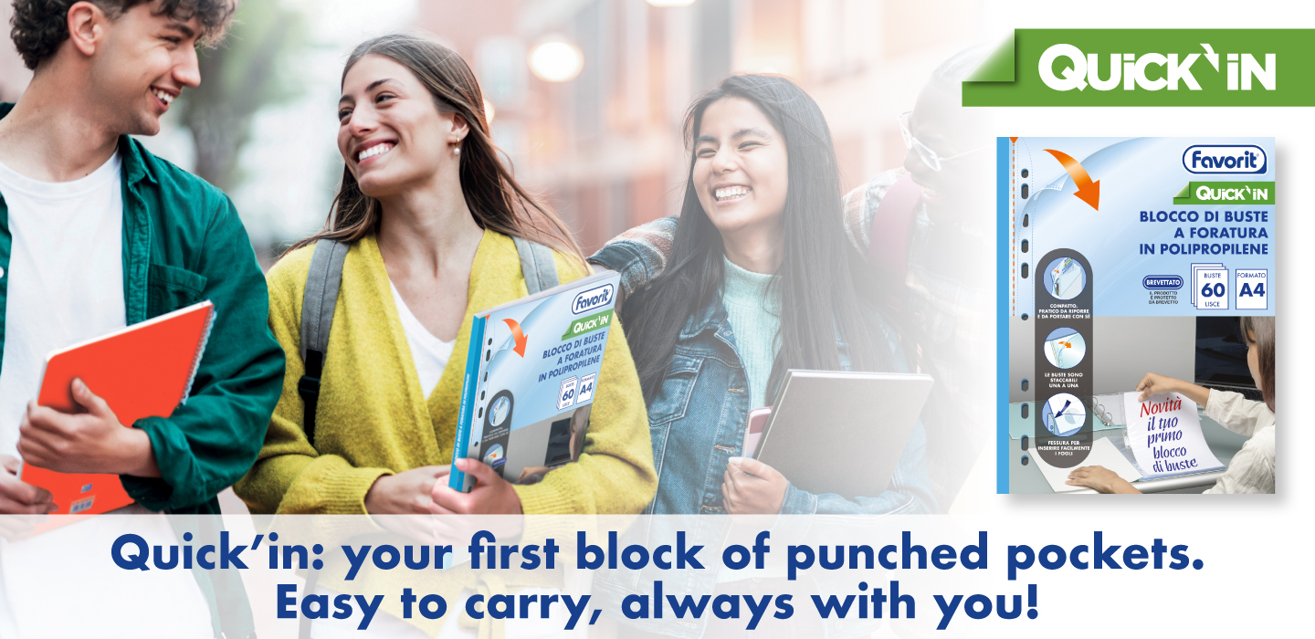 Three smiling students carrying binders and notebooks walk together. An image of a Quick&rsquo;in block of punched pockets is shown, along with the text: &ldquo;Quick&rsquo;in: your first block of punched pockets. Easy to carry, always with you!&rdquo;.