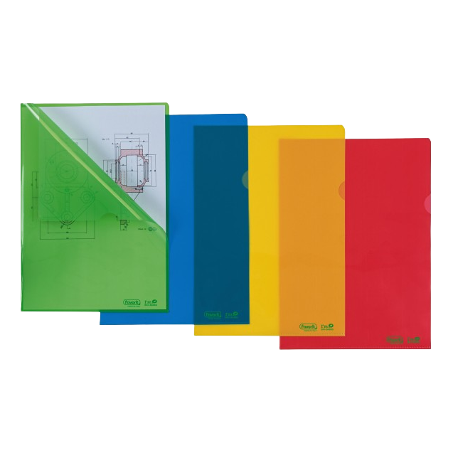 Quattro Cartelline colorate in polietilene Bio-Based - verde, blu, giallo e rosso - sono disposte una accanto all'altra. La cartellina verde &egrave; aperta per mostrare un disegno tecnico al suo interno.