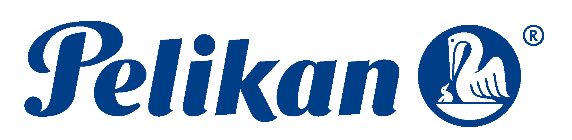 Logo Pelikan blu in corsivo con simbolo di marchio registrato. A destra, un ovale contiene un pellicano stilizzato che nutre il suo pulcino in un nido.