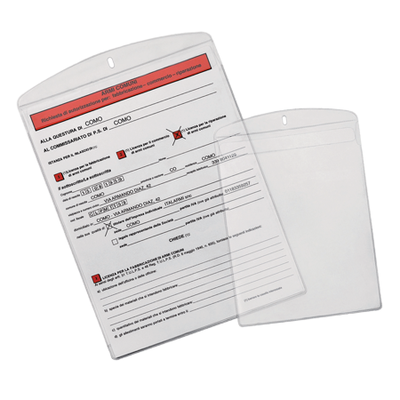 Two clear Hanging Pockets for Announcements are shown&mdash;one displays a printed sheet with checkboxes, the other is empty. Both rectangular holders feature a top flap and a hanging hole.