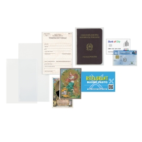 Una serie di documenti comprendente un passaporto, un buono ristorante, carte bancarie, un certificato, una cartolina illustrata e due bustine trasparenti in plastica “Buste a sacco upocket”.