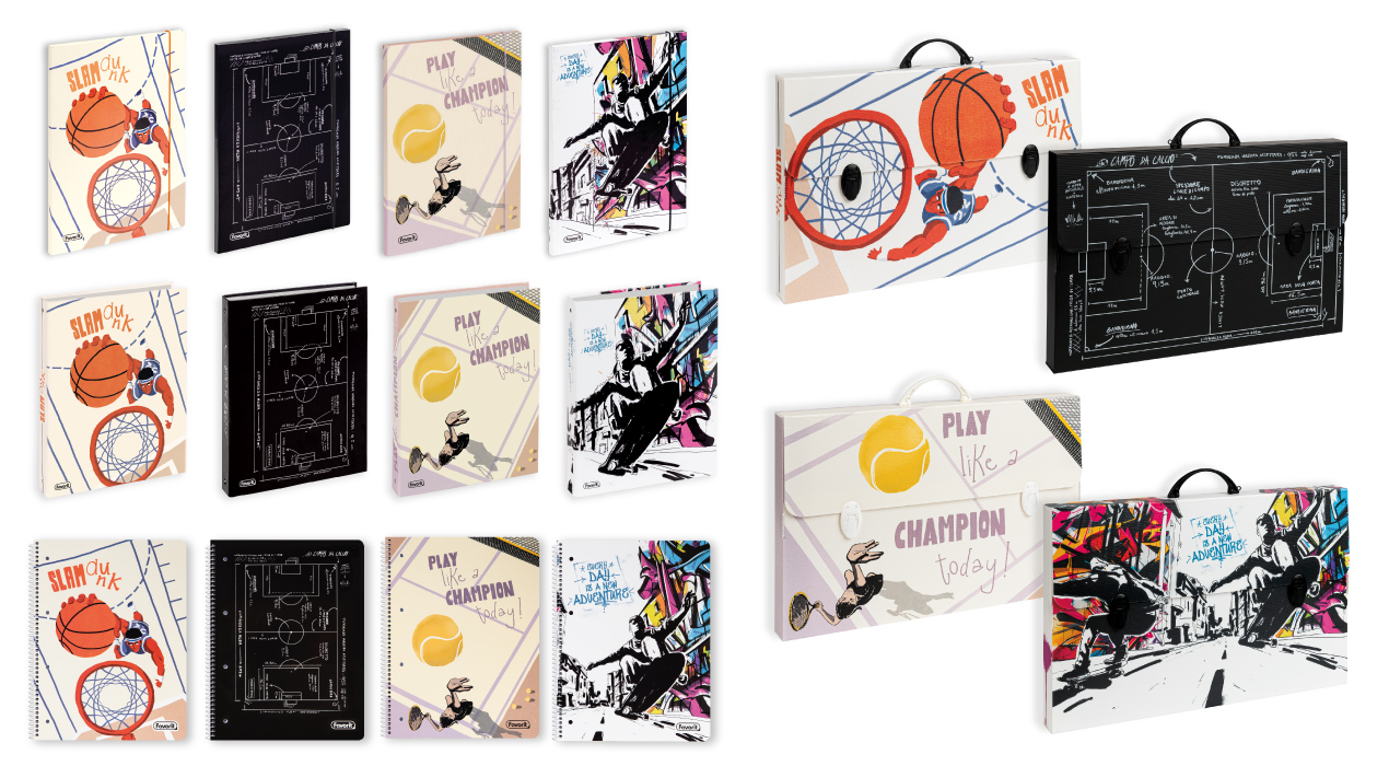 A collection of sports-themed folders and briefcases featuring basketball and tennis designs, vibrant urban artwork, black-and-white sketches, and motivational phrases—because Sport e studio? La combinazione vincente! Displayed in various angles and groupings.