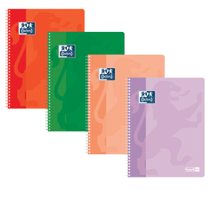 Quattro quaderni rilegati a spirale nei colori rosso, verde, arancione e viola, ciascuno con una sottile grafica a forma di leone e un logo Oxford blu sulla copertina, disposti in fila su uno sfondo bianco. Ottimi prodotti di cancelleria per la scuola o l'ufficio.