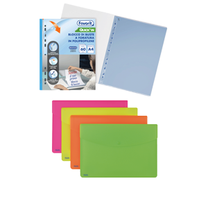 Un set di cartelle portadocumenti in plastica colorata nei colori verde, arancione, rosa e giallo, un set di divisori blu e una confezione di tasche forate A4 del marchio Favorit: ottimi prodotti di cancelleria per organizzare il vostro spazio di lavoro.