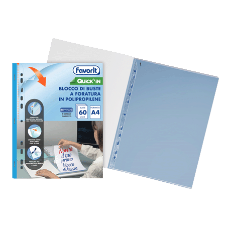 Block of 60 QUICK'IN universal punched polypropylene pockets in A4 format. Product for school, office and home