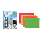 Un set di quattro cartelline dai colori vivaci (rosa, arancione, giallo e verde) accanto a una confezione blu di protezioni trasparenti per i documenti.