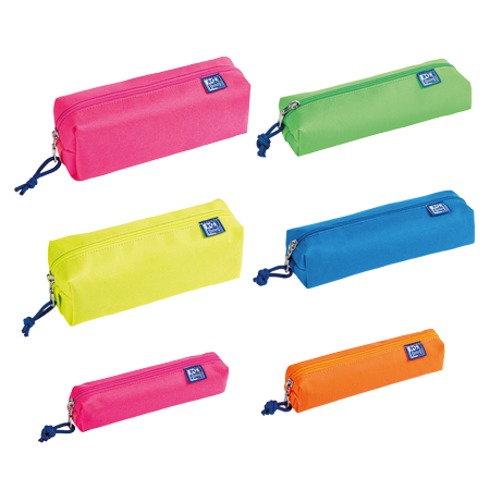 Sei astucci rettangolari Portapenne Koala Neon in rosa, verde, giallo, blu e arancione, con cerniere ed etichette blu, sono disposti su uno sfondo chiaro.