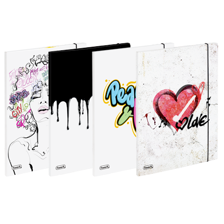 Cartelle 3 lembi con elastico graffity: quattro cartelline in piedi con copertine artistiche che presentano un volto di donna, parole colorate a graffito, gocce di vernice nera, un motivo "Peace" e un cuore con accanto "Love".