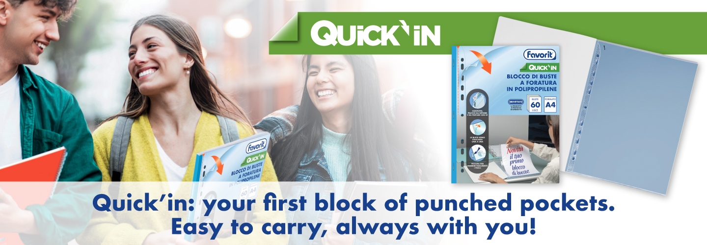 Three smiling students carry folders and notebooks. Next to them is a product image of a “Quick’in” punched pocket folder by Favorit, with text promoting its portability and ease of carrying.