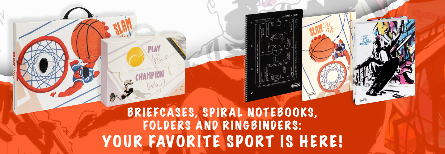 A banner shows sport-themed briefcases, spiral notebooks, folders, and ring binders with basketball and cartoon designs. Text reads: BRIEFCASES, SPIRAL NOTEBOOKS, FOLDERS AND RINGBINDERS: YOUR FAVORITE SPORT IS HERE!.