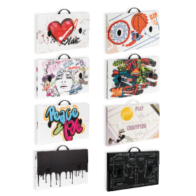 Eight briefcases are displayed in two columns. Each briefcase has a unique, colorful design, such as graffiti art, sports themes, peace and love text, and black or chalkboard-style patterns.
