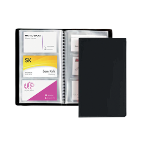 Business cards holder An open black binder displaying several business cards organized in clear plastic sleeves&mdash;a smart choice for Office Stationery Supplies, with cards in various designs and colors.