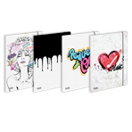 Four notebooks with artistic covers: a womans face with colorful doodles, a black dripping paint design, &ldquo;Paper Love&rdquo; in graffiti style, and a red heart with an arrow and &ldquo;Love&rdquo; text on a white background.