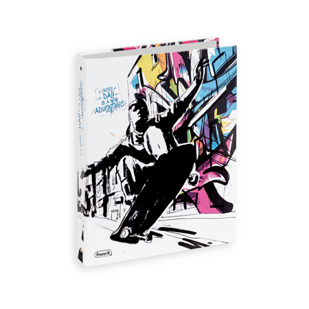 Raccoglitori ad anelli Sport con una colorata illustrazione in stile graffiti di uno skateboarder circondato da una vivace street art e da forme astratte urbane.