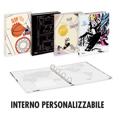 Raccoglitori ad anelli Sport con copertine illustrate (basket, calcio, skateboard e tennis) sono esposti insieme a un raccoglitore aperto per mostrare l'interno personalizzabile. Testo in basso: INTERNO PERSONALIZZABILE.
