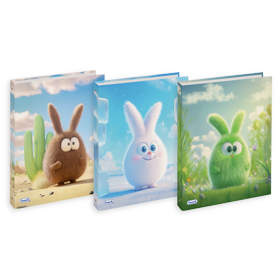 Three ringbinders, perfect for school, featuring cute bunny illustrations: a brown bunny in a desert, a white bunny in snow, and a green bunny in a sunny grassy field.