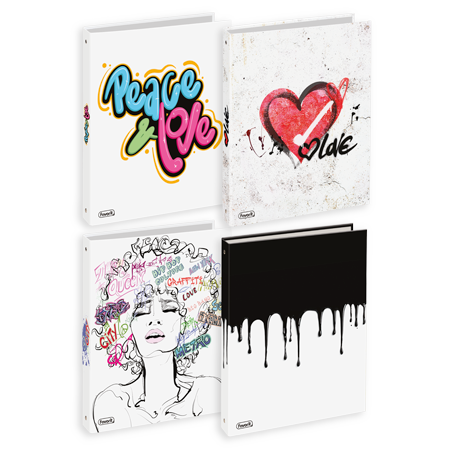 Vengono mostrati quattro Raccoglitori ad anelli Graffity: uno con graffiti "Peace & Love", uno con un cuore rosso e la scritta "Love", un altro con un volto di donna con parole luminose e uno con gocce nere su bianco.