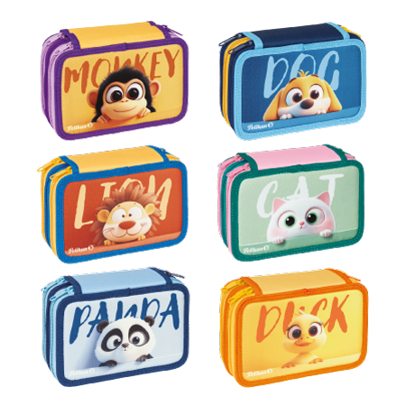 Sei coloratissimi astucci 3 zip con facce e nomi di animali dei cartoni animati, dalla scimmia al leone, sono disposti su due file su sfondo bianco, in linea con lo stile giocoso della collezione Happy Animals Pelikan&reg;.
