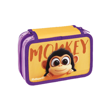 L'astuccio a 3 scomparti Happy Animals Pelikan®, nei colori giallo e viola, è caratterizzato da una scimmia cartoon con grandi occhi e la scritta "MONKEY" in arancione sopra la testa.