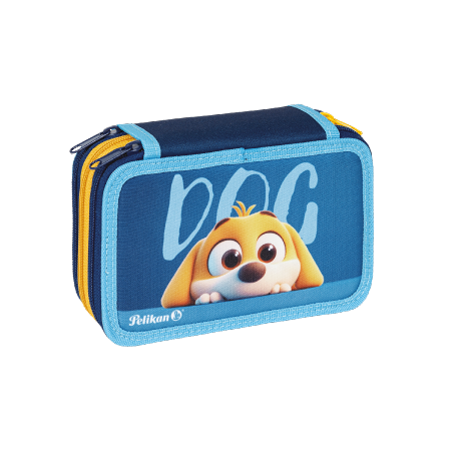 Astucci a 3 zip della linea Happy animals. Viene raffigurato un cane in stile cartoon con occhioni e scritta sullo sfondo "DOG"