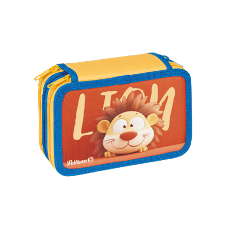 Un coloratissimo astuccio Happy Animals Pelikan® con bordi gialli e blu, una simpatica illustrazione di un leone su sfondo rosso, la scritta "LION" a grandi lettere e due scomparti gialli con cerniera.