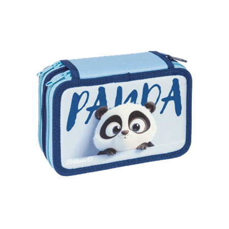 Happy Animals Pelikan®: astuccio rettangolare blu e azzurro con 3 scomparti, raffigurante un simpatico panda dei cartoni animati con grandi occhi e la scritta in grassetto "PANDA" sullo sfondo.