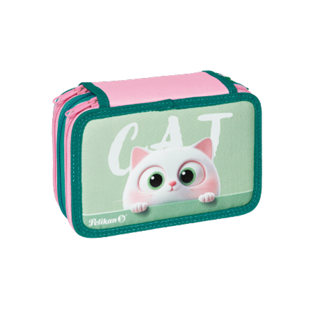 L'astuccio Happy Animals Pelikan® è rettangolare con 3 scomparti, rifiniture rosa e verdi, e presenta un gatto cartoon bianco e rosa dagli occhi spalancati con la scritta "CAT" in grassetto bianco sul davanti.
