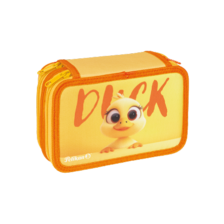 Astuccio giallo e arancione di Pelikan® con un anatroccolo cartoon, occhi grandi e testo in grassetto DUCK, della collezione Happy Animals.