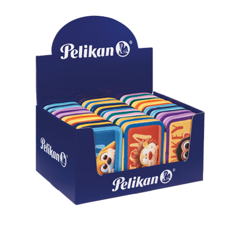 Un scatola display blu Pelikan® contiene file di astucci rettangolari colorati con facce di animali, perfettamente in linea con lo stile giocoso della collezione Happy Animals Pelikan®.