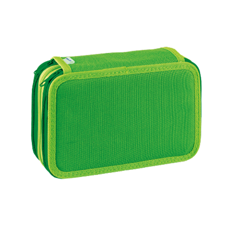 Un astuccio rettangolare con cerniera verde e finiture verdi, ispirato al pratico design di B. Colors Pelikan®, è raffigurato su uno sfondo chiaro.