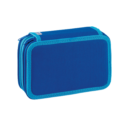 Astuccio rettangolare blu con bordi azzurri e tre scomparti con cerniera della collezione B. Colors Pelikan®, su sfondo bianco.