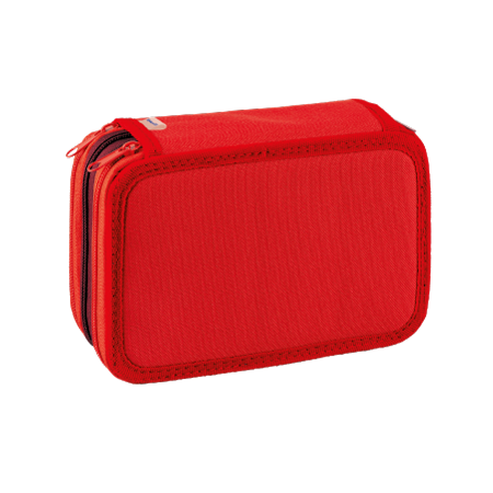 Un astuccio rettangolare rosso con cerniera, con superficie strutturata e bordi arrotondati, su sfondo chiaro, perfetto per l'organizzazione