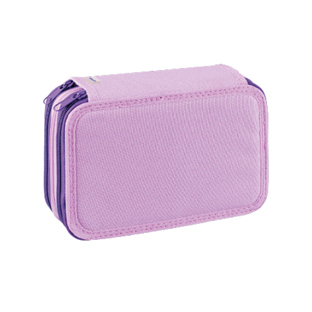 Astuccio rettangolare con cerniera di colore viola chiaro, dotato di tre scomparti e di tiranti per cerniere viola abbinati.