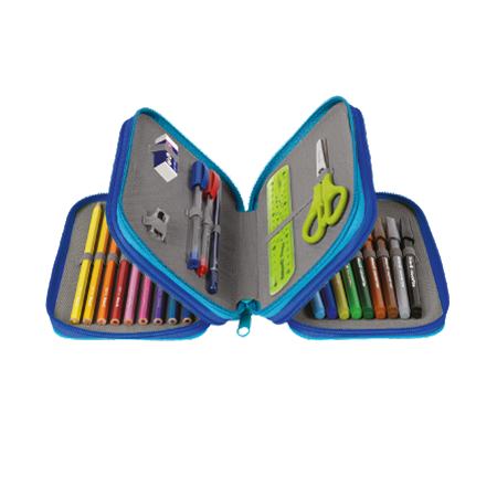 Un astuccio blu B. Colors Pelikan® a 3 scomparti si apre per rivelare matite colorate, pennarelli, penne, un righello, forbici, una gomma e un temperino ordinatamente organizzati in supporti elastici.