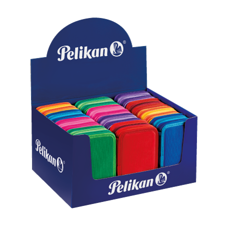Una scatola blu Pelikan® contiene pile di astucci rettangolari B. Colors Pelikan® nei colori rosso, verde, blu, viola, arancione e rosa
