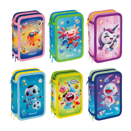 Six colorful Emoji Pelikan® 3-zip pencil cases featuring playful cartoon designs like animals, a unicorn, and robots are displayed against a white background.