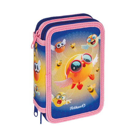 L'Emoji Pelikan® è un coloratissimo astuccio a 3 scomparti con finiture rosa, con uccelli arancioni con occhiali che volano su uno sfondo blu. È dotato di cerniere multiple e presenta il logo Pelikan®.