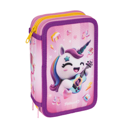 L'Emoji Pelikan® è un astuccio rettangolare con cerniera rosa e viola a 3 scomparti, con un allegro unicorno dalla criniera arcobaleno che suona la chitarra, cuori e stelle colorate
