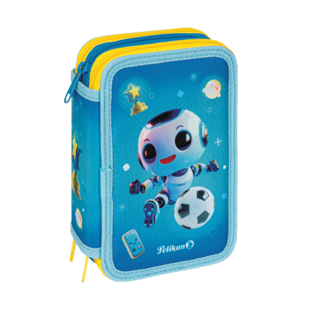Astuccio a 3 scomparti Emoji Pelikan. Colori blu e gialli. Raffigurante personaggio che gioca a pallone.
