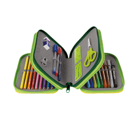 L'Emoji Pelikan® è un astuccio con cerniera a 3 scomparti, mostrato aperto con matite colorate, penne, pennarelli, forbici, un righello, una gomma e un temperino Pelikan ordinatamente organizzati all'interno.