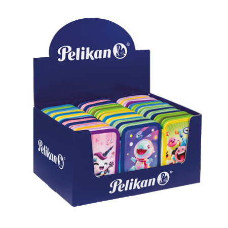 Una scatola blu Pelikan contiene diversi barattoli a 3 scomparti Emoji Pelikan®, ciascuno decorato con animali giocosi e personaggi allegri sui coperchi, tutti ordinatamente disposti in file.