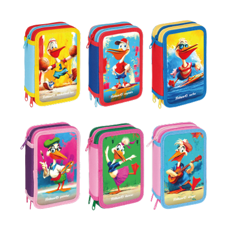 MASCOTTE-450×450 I sei astucci rettangolari Mascotte Pelikan® sono caratterizzati da coloratissimi personaggi di pellicani in abiti giocosi, ciascuno con un colore di sfondo unico e lati con doppia cerniera per una facile organizzazione.