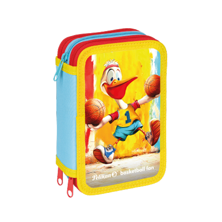 L'astuccio Mascotte Pelikan® è caratterizzato da un pellicano cartoon con una maglia rossa #1 che tiene in mano dei palloni da basket, con accenti blu, gialli e rossi, oltre a tre pratici scomparti con cerniera.